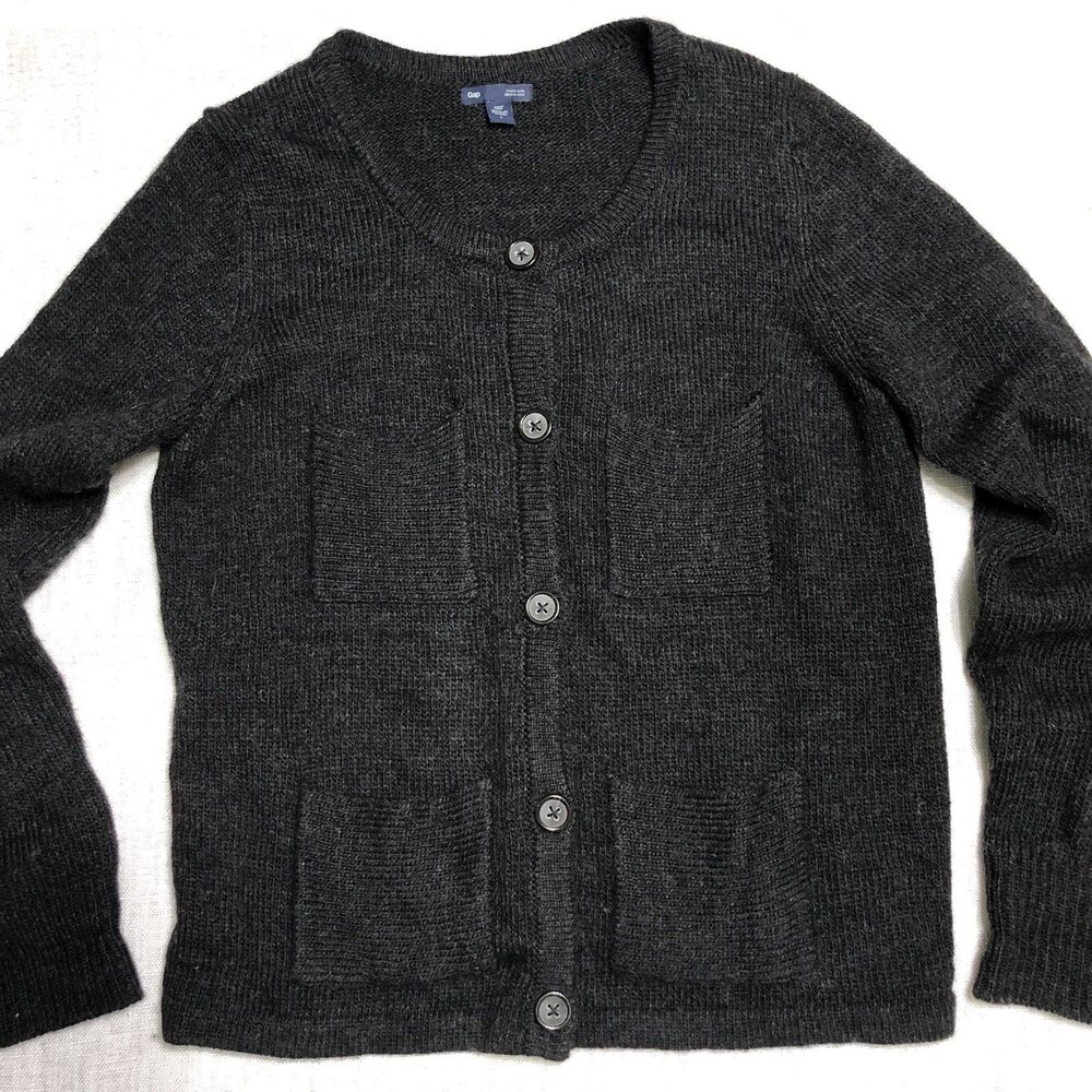 Gap Alpaca Wool Cardigan Womens L Gray Sweater Pockets Chunky Button Front Cozy